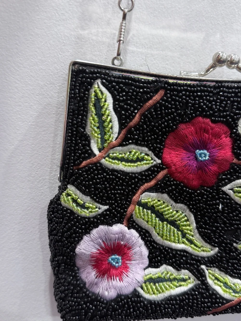 Embroidered Floral Beaded Black Evening Clutch with Chain
